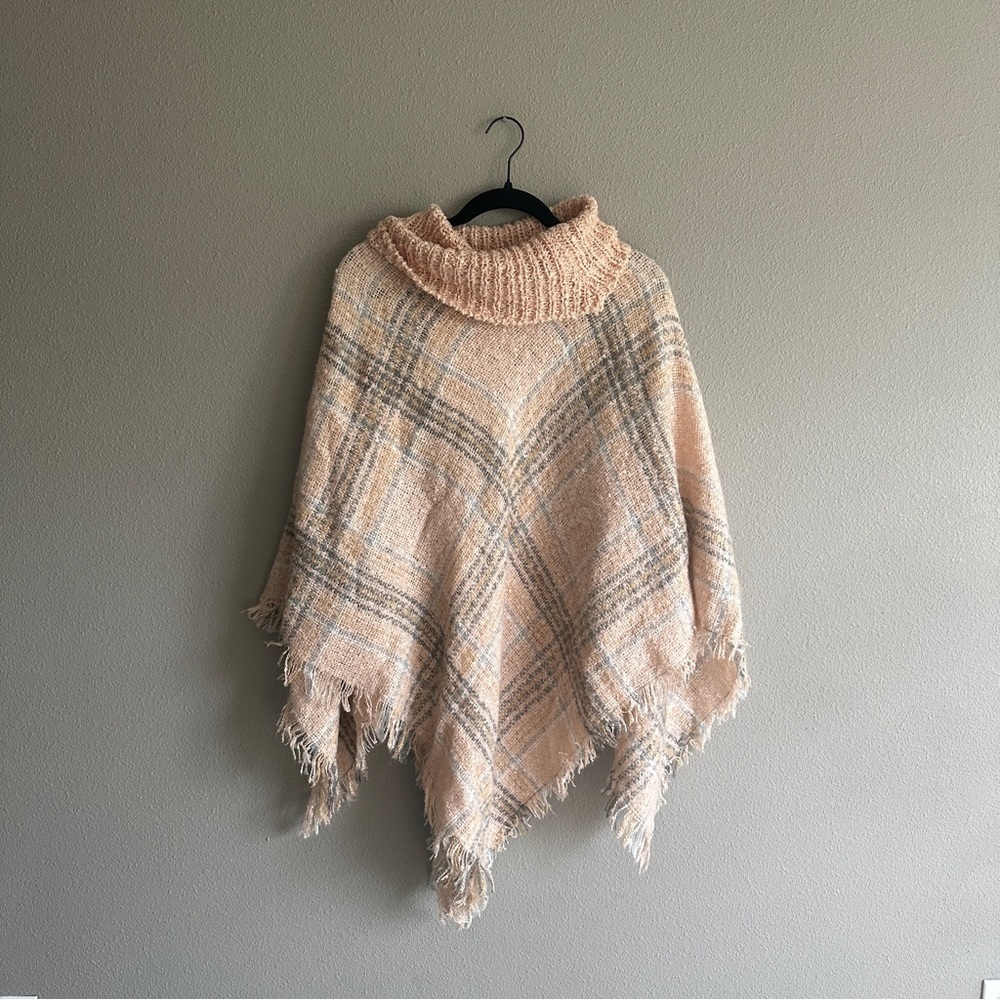 Harve Bernard Plaid Cowl Neck Poncho Sweater - Peach and Gray